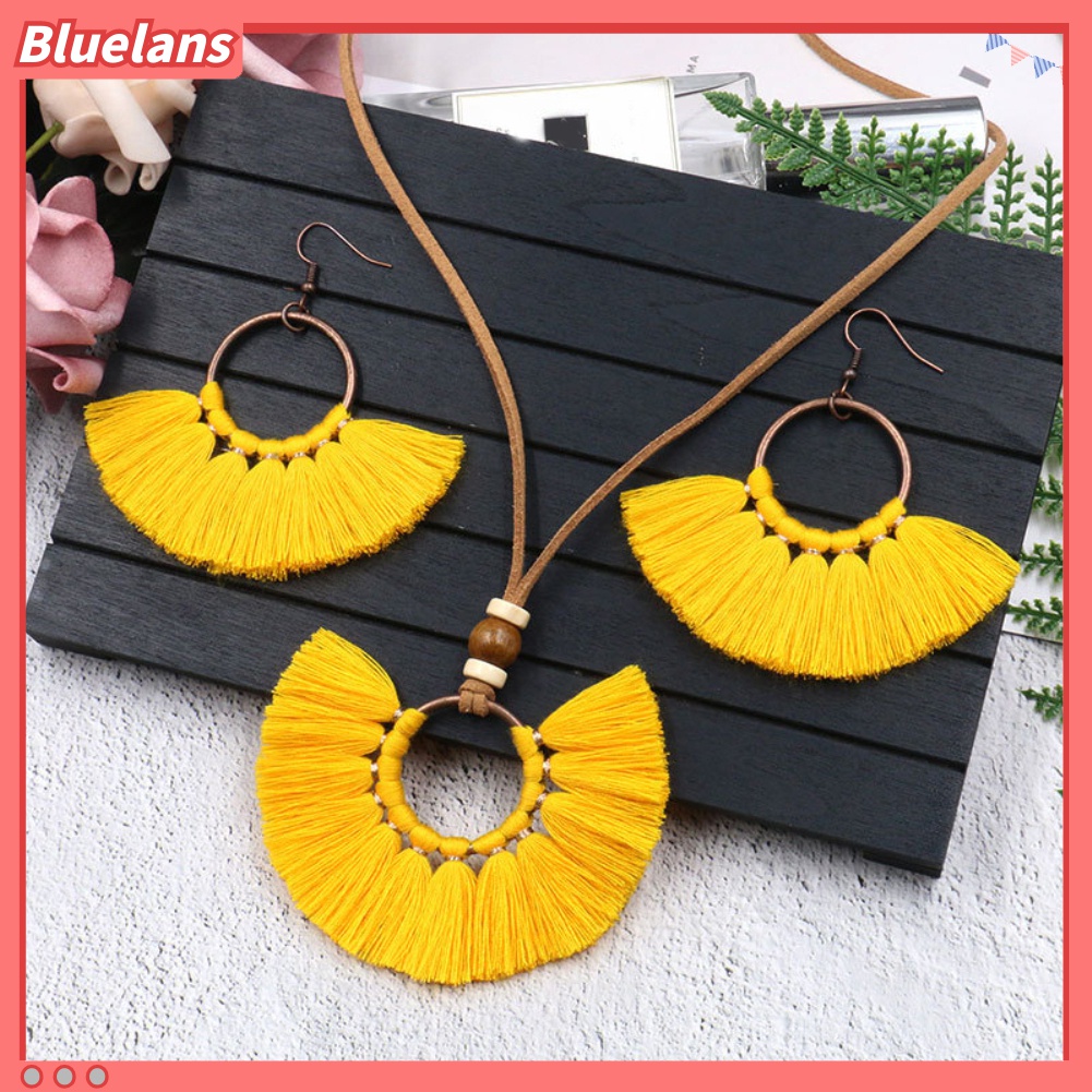 Set Perhiasan Kalung Tali Rumbai Liontin Bulat Gaya Bohemian Untuk Wanita