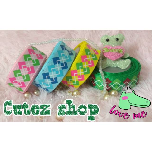 

Pita grossgrain motif diamond, 2.5 cm per meter, bahan kerajinan pita
