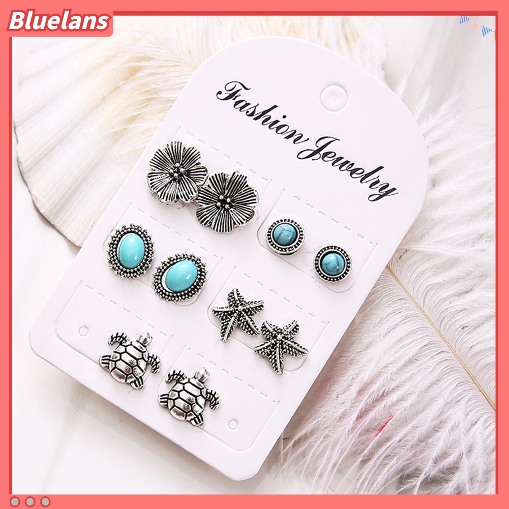 5 Pasang Anting Stud Desain Bintang Laut Kura-Kura Bunga Turquoise Buatan Gaya Boho