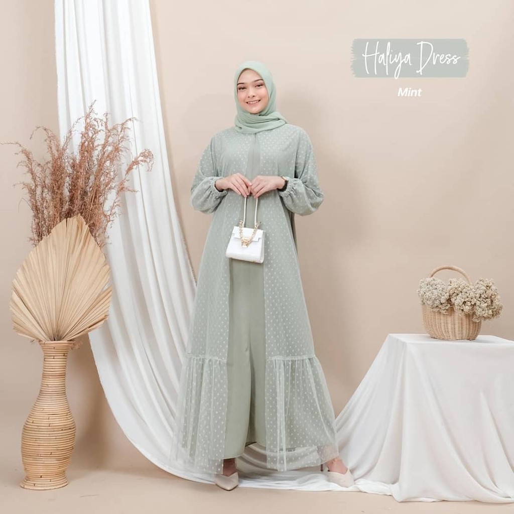 Haliya Dress Pesta Tile Dot Jumbo / Long Dress Brukat / Gamis Kondangan Wanita