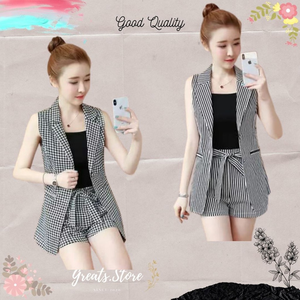 ATASAN BAJU dan CELANA 1SET Pendek mk WANITA PEREMPUAN Motif Kotak Stripe Ala Korea Kekinian