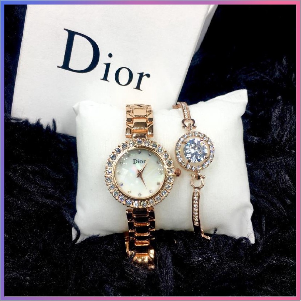 【GRATIS GELANG & KOTAK】DIOR Jam Tangan Wanita Set Gelang Jam Tangan + Gelang Berlian Imitasi Hadiah 