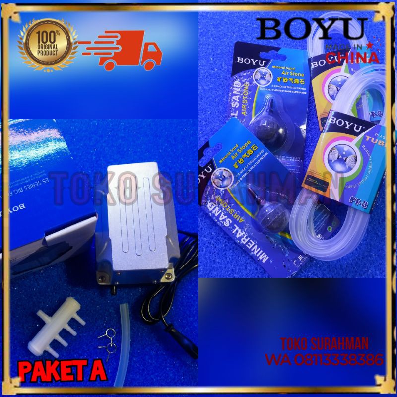 Paket Hemat Pompa Udara Aerator Kolam Aquarium Boyu Silver ES 1 / 2 + Selang + Batu