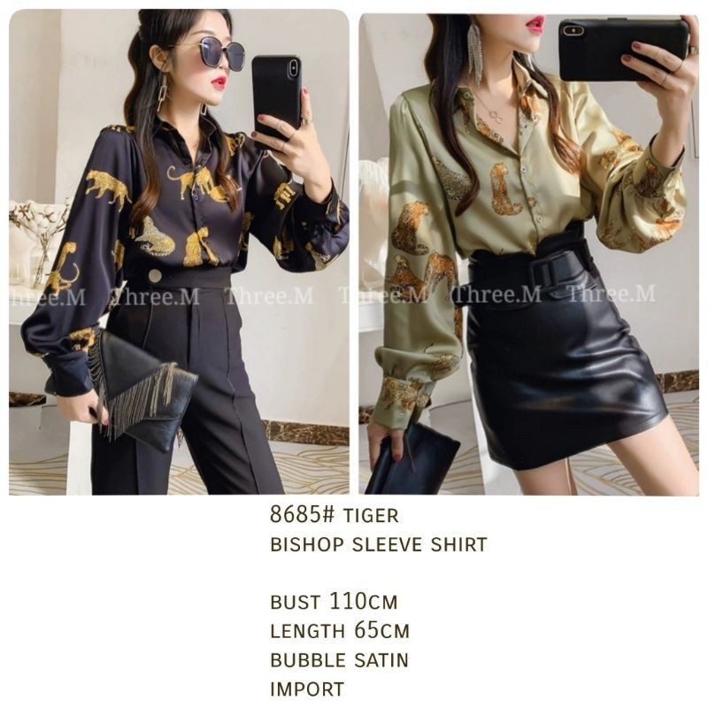 8685# Tiger Bishop Sleeve Kemeja Lengan Panjang Satin Motif Macan Jumbo Import Murah Best Seller New