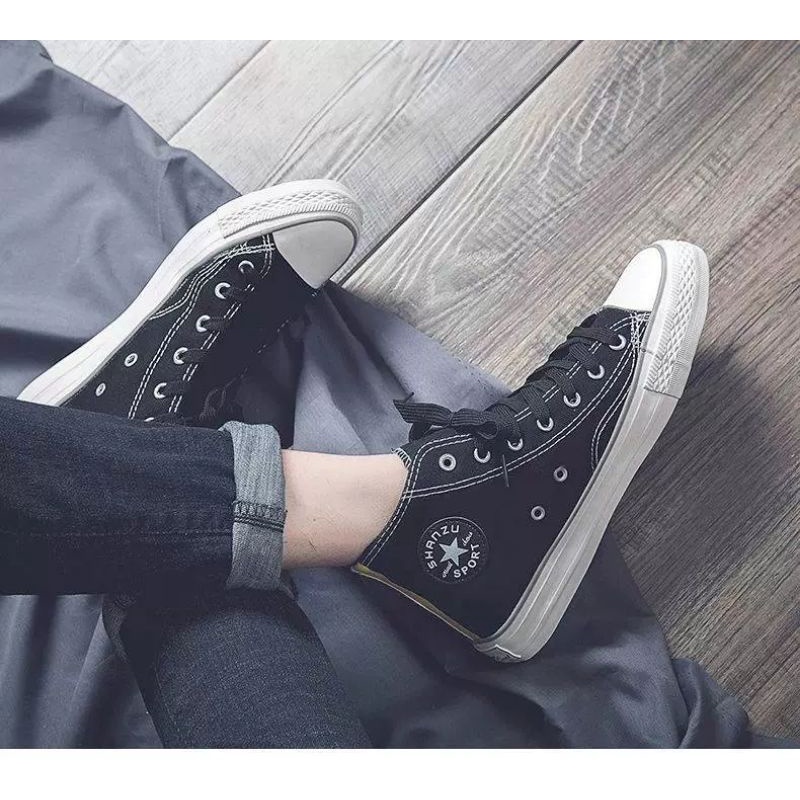 COD IDEALIFESHOES Sepatu Casualy Pria Sneakers Impor Korea Model Model High Top Bahan Canvas Warna Hitam GID