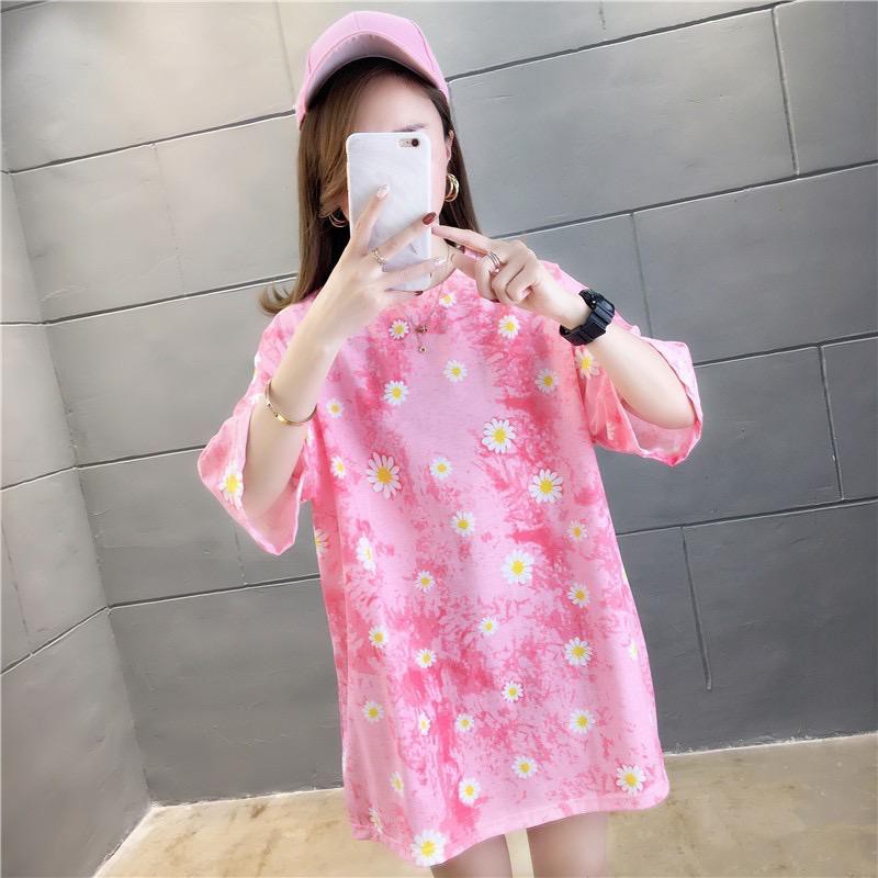 Oversize Tee Tshirt Wanita Model Longgar Motif Daisy Full Print Peach