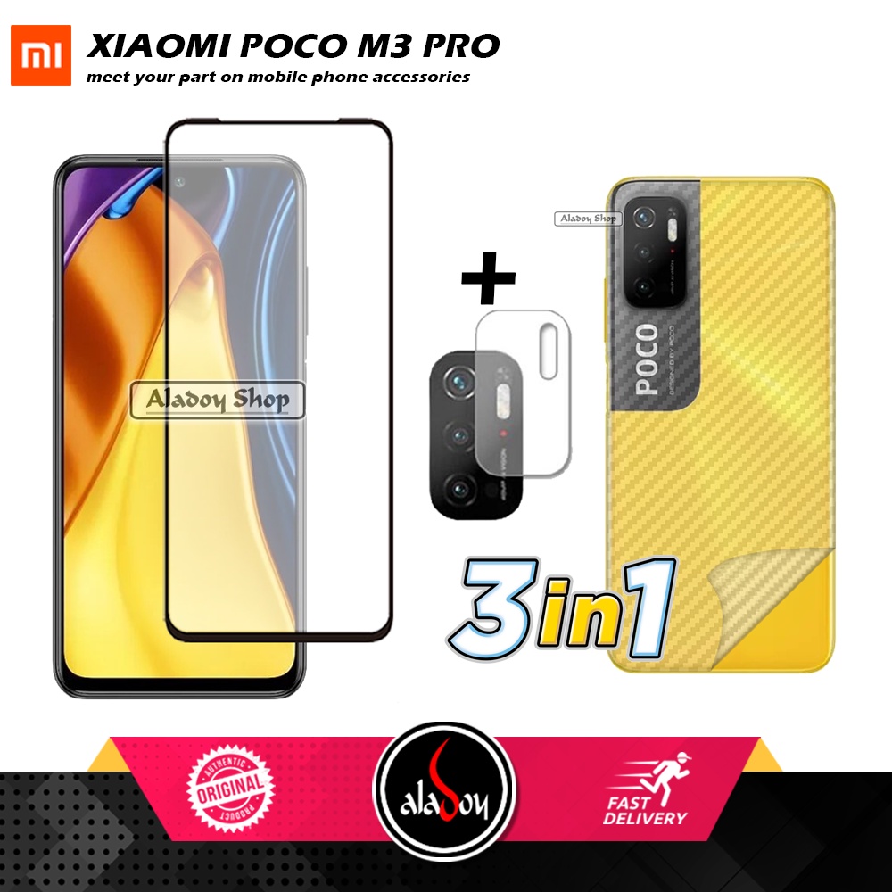 PAKET 3 IN 1 Tempered Glass Layar Xiaomi Poco M3 PRO 5G ( 2021 ) Free Tempered Glass Camera dan Skin Carbon