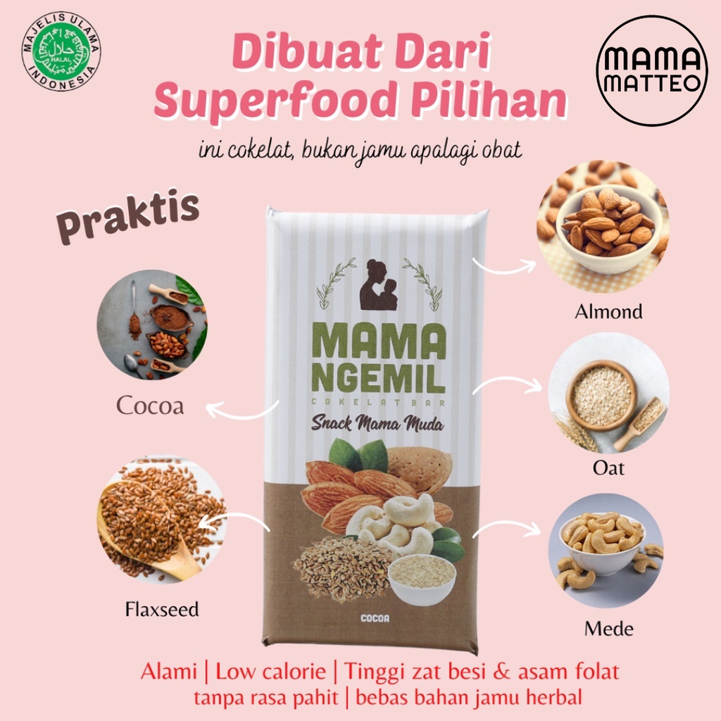 MAMA NGEMIL Choco Bar 75gr dan Mamila Granole Bar 37gr / Low Calorie / ASI Booster Bebas Pahit / Pelancar ASI / Coklat ASI Booster / BANDUNG