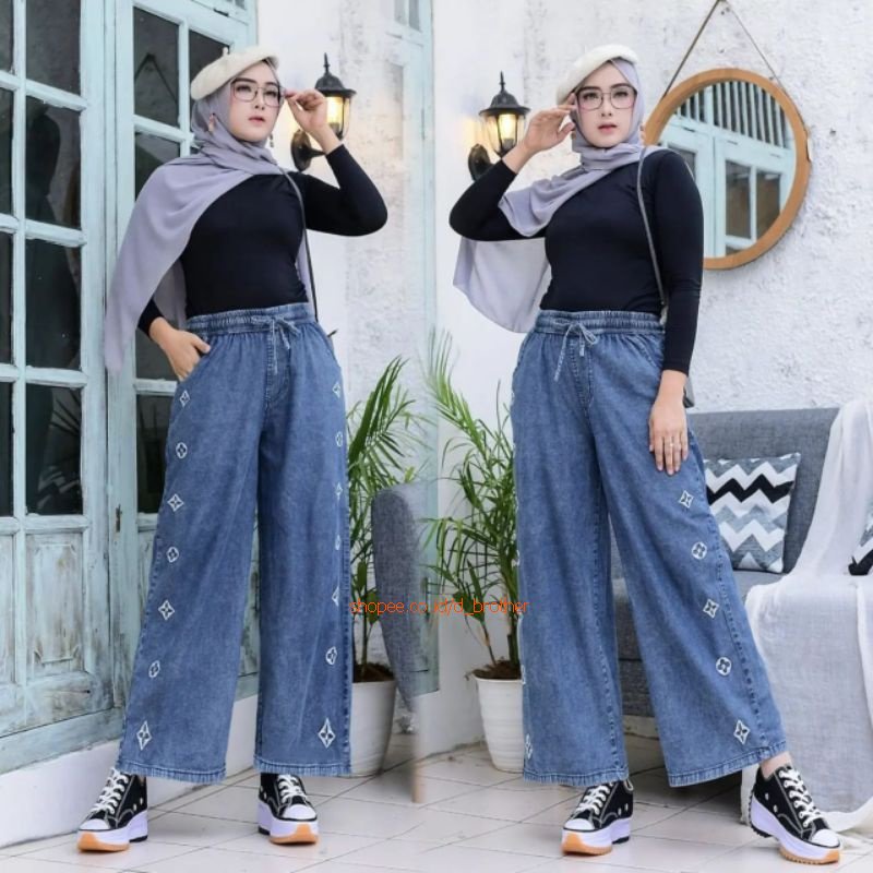 Kulot Jeans soft Bordir Alina Elve Karet Serut / Celana Panjang Model Nggantung