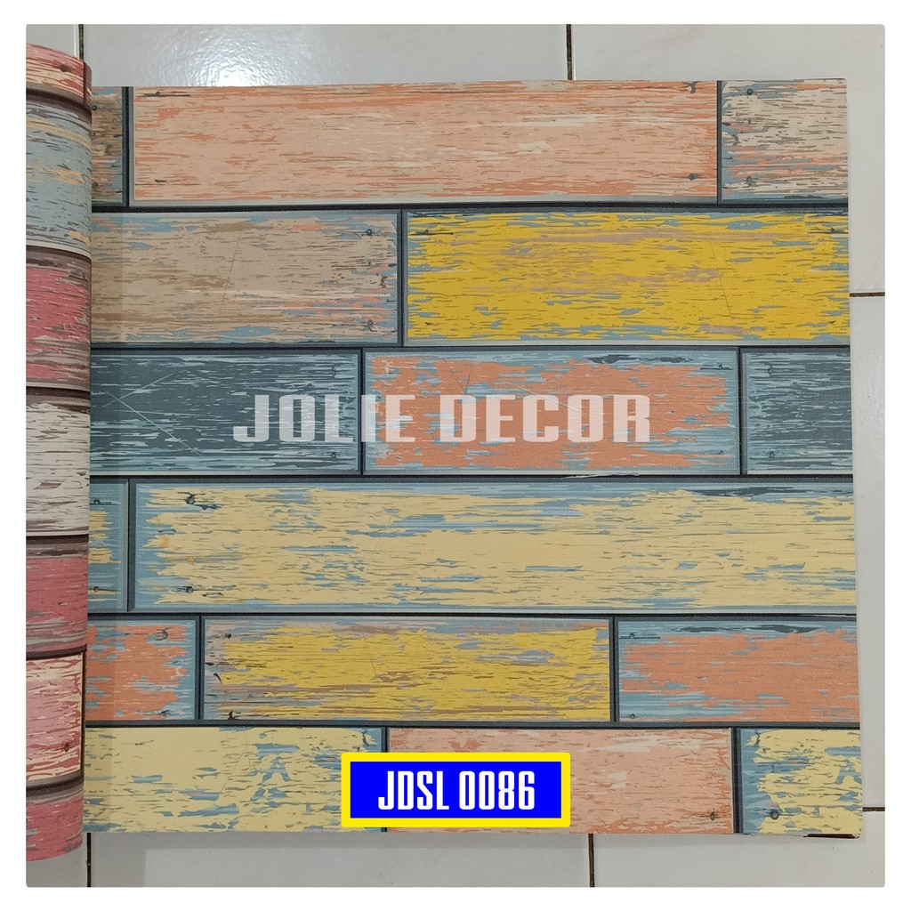 Wallpaper Dinding Vinyl Motif Kayu Palet Kasar Cream Pink Biru Kuning