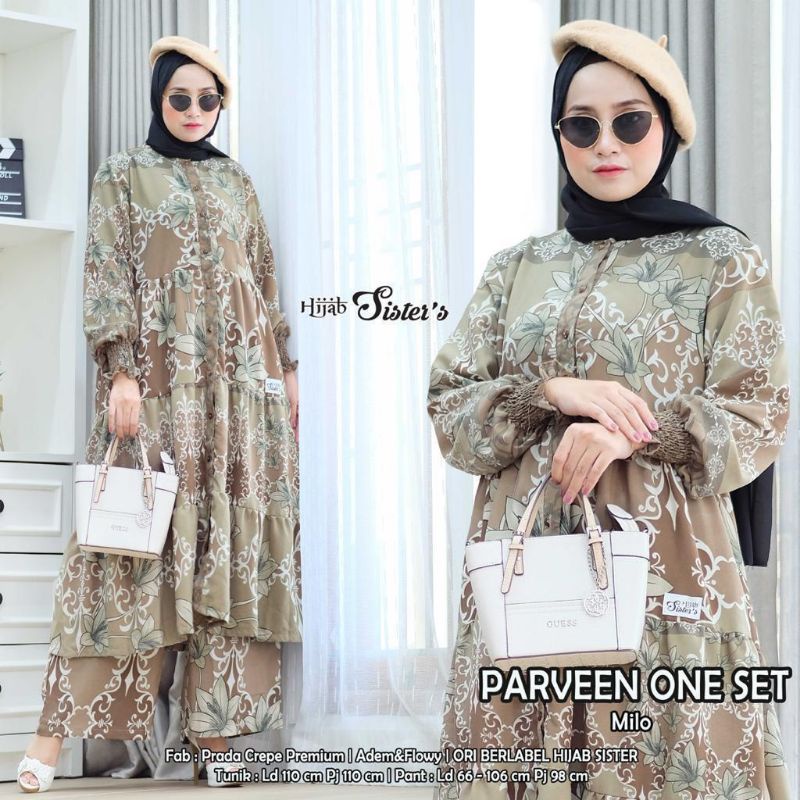 Hijab Sisters Parveen One Set Setelan Wanita Premium Prada Crepe Motif LD 110 Ori Berlabel