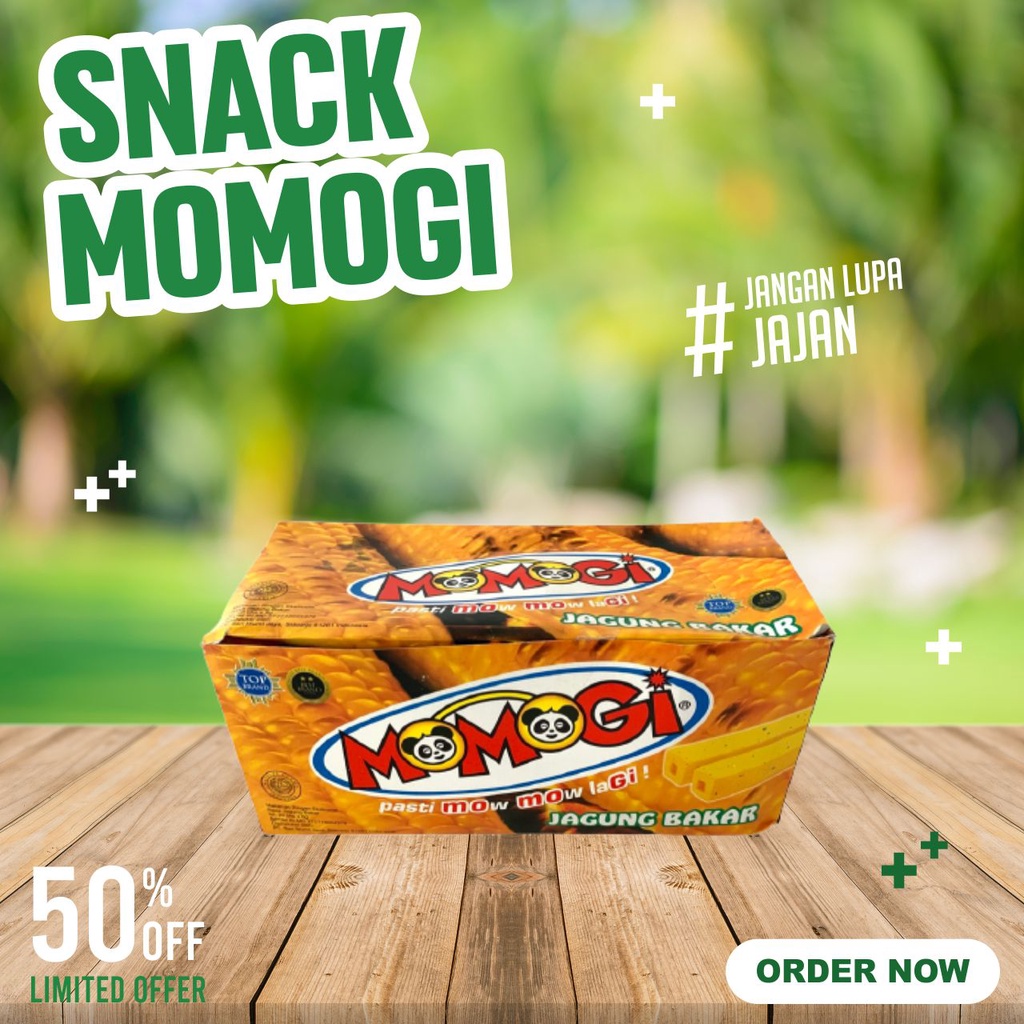 

MOMOGI SNACK WAFER STICK EXTRUDAT MAKANAN RINGAN CEMILAN JAGUNG BAKAR COKLAT 1 BOX ISI 20 PCS