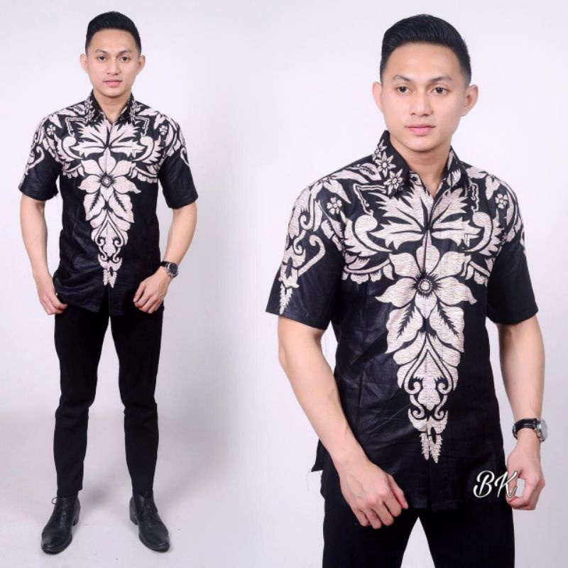 DISKON Batik HRB026 kenongo kemeja hem pendek padi pekalongan M L XL MURAH KEREN bati pria wajik