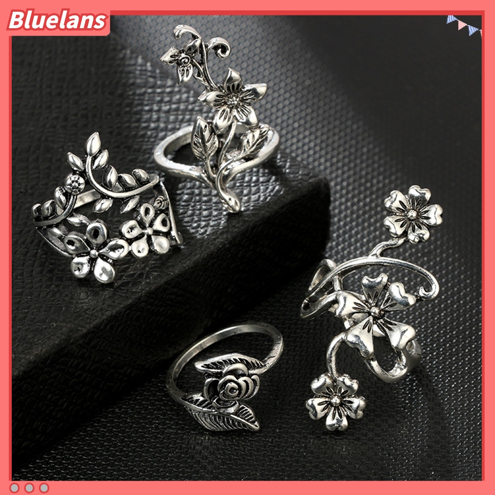 Bluelans Set Cincin Jari Desain Bunga Daun Merambat Gaya Vintage Untuk Wanita