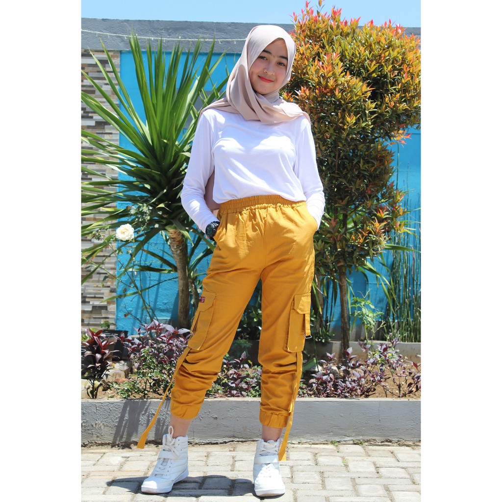 BIG PROMO  Celana Wanita Jogger Pants Bahan Katun Motif Cargo Kuning Bawahan Wanita Pinggang Karet