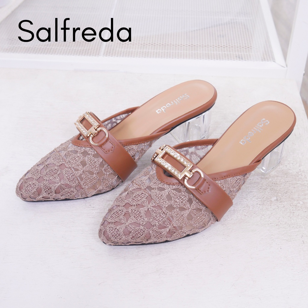 Sendal Slop Kekinian Wanita Brukat Burkat Sandal Sepatu Pesta Wedding Pernikahan Tumit Hak Kaca 5 cm Clovers Wanita Terkini Promo DV70002