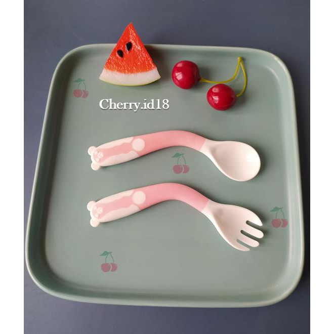 COD Set Sendok Dan Garpu Silicone Bayi / Set Latihan Makan + Garpu Dapat di Bengkokkan twistable