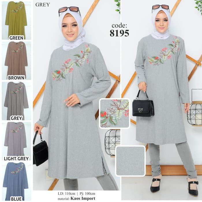 Baju muslim original tunik kaos bordir / Baju muslim tunik kaos import - Abu-abu Berkualitas