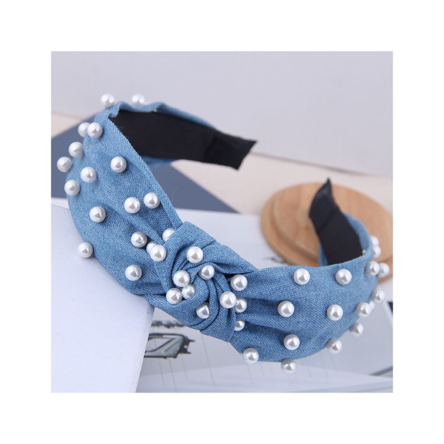 LRC Bando Fashion Navy Blue Nail Pearl Denim Fabric Knotted Headband A59302