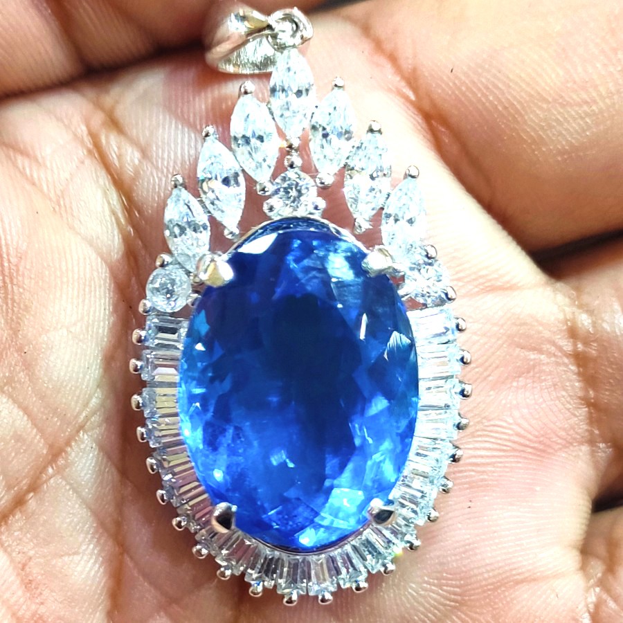 Kalung Liontin Alpaka Batu Akik Permata Blue Topaz Topas Swiss Cutting