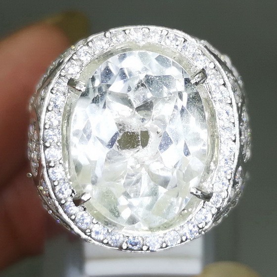 Batu Akik Cincin Kecubung Air Es Kristal Quartz Ring Perak