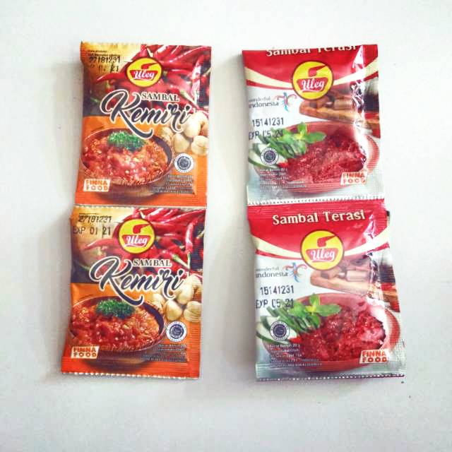 Uleg sambal sambel terasi, bawang, teri, ijo dan sambal kemiri sachet