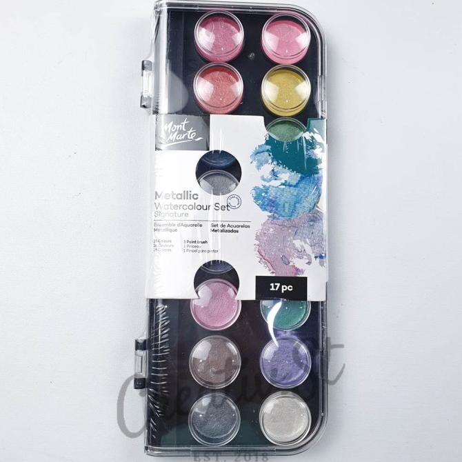 

best produk] Mont Marte Signature Metallic Watercolor Cake 16 Color Cat Air Padat M