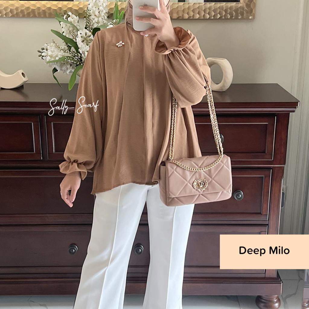 Anona crinkle airflow blouse wanita busui full kancing / oversized-Deep Milo