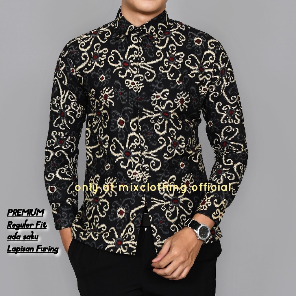 New Premium Baju Kemeja Batik Pria Reguler Fit Lengan Panjang Hitam Songket Bunga