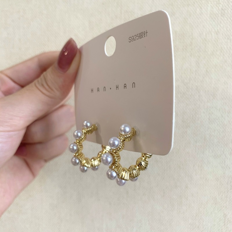 Jarum perak Korea anggun online influencer C berbentuk mutiara anting-anting wanita all-match sederh