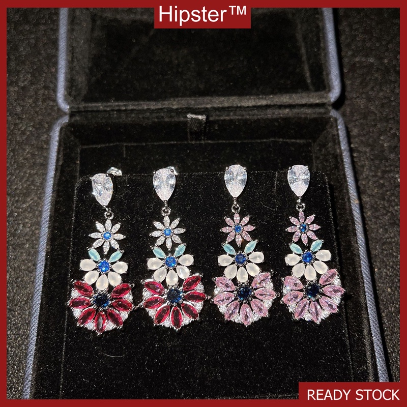 Fashion Pink Crystal Flower Silver Pin Eardrops