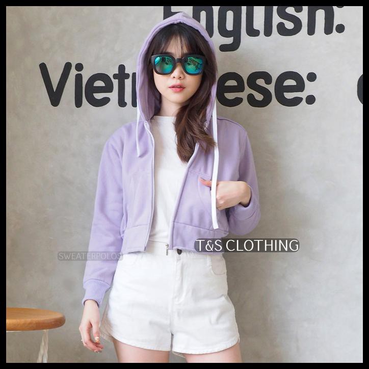 Jaket Crop Hoodie Ungu Muda Wanita