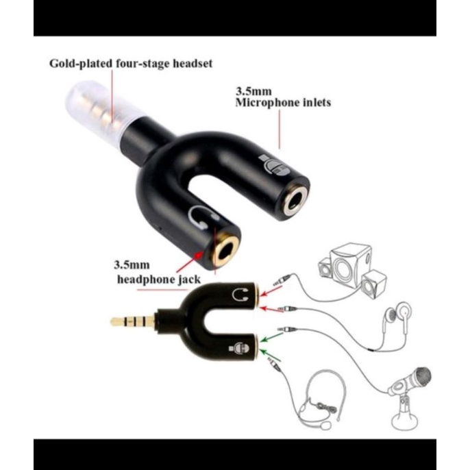 Audio Splitter U shape 2 in 1 Jack 3.5mm to Dual Female Headset + mic 2 lubang colokan