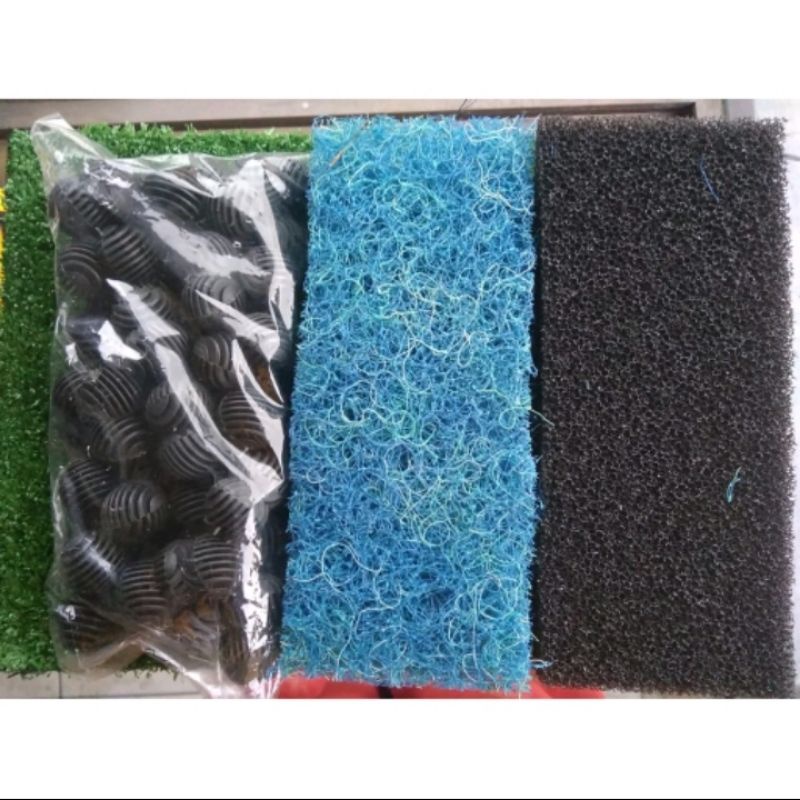 Paket hemat 3in1 media filter aquarium bioball, japmat, biofoam penjernih air