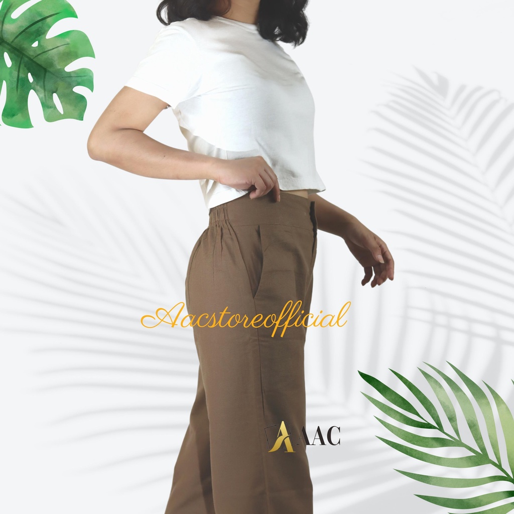 Celana Wide Leg Bahan Linen Hightwaist Pinggang Kancing Dan Resleting