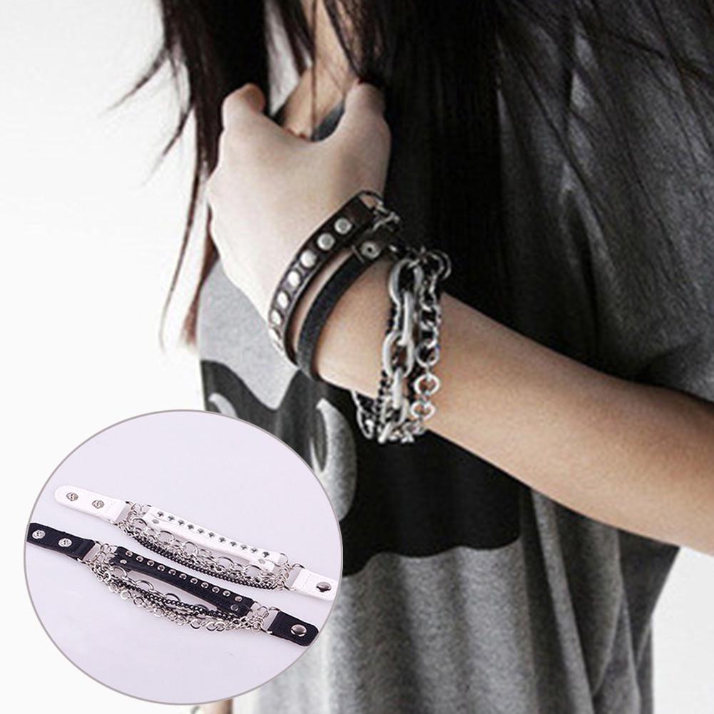  Gelang  Rantai Multilayer Bahan Kulit PU Aksen Rivet Gaya 