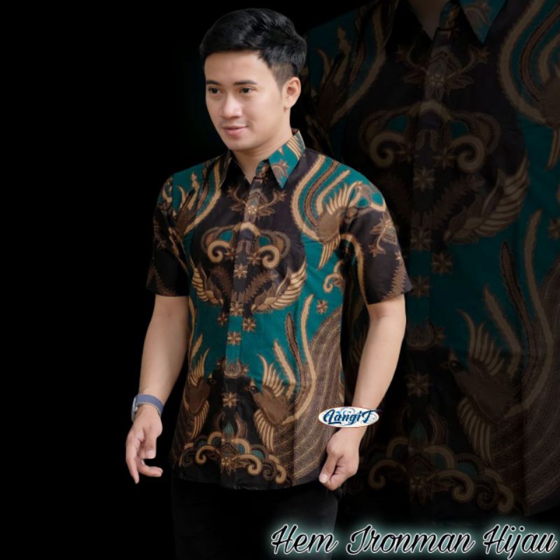 Batik Pria Lengan Pendek  BATIK MURAH HRB026 motif TERBARU 2021 Kode 002 size M L XL XXL BIG SIZE 3L 4L 5L 6L Reguler Fit-HEM IRONMAN HIJAU