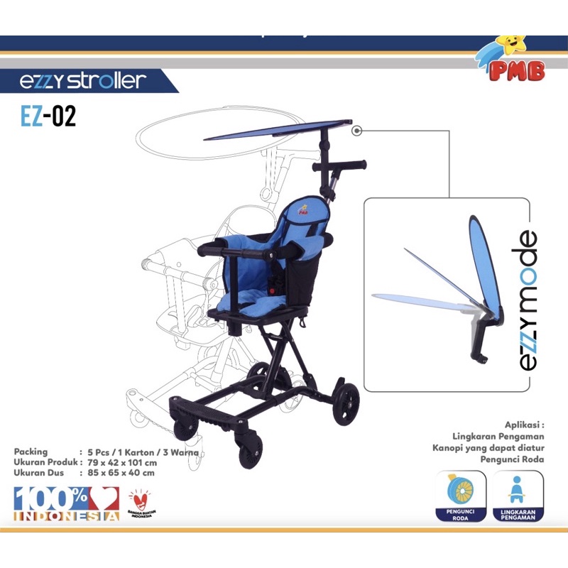 Stroller Anak PMB Ezzy EZ01 EZ02 Kereta Dorong Balita Trike Sepeda Anak Lipat SNI Garansi-Biru