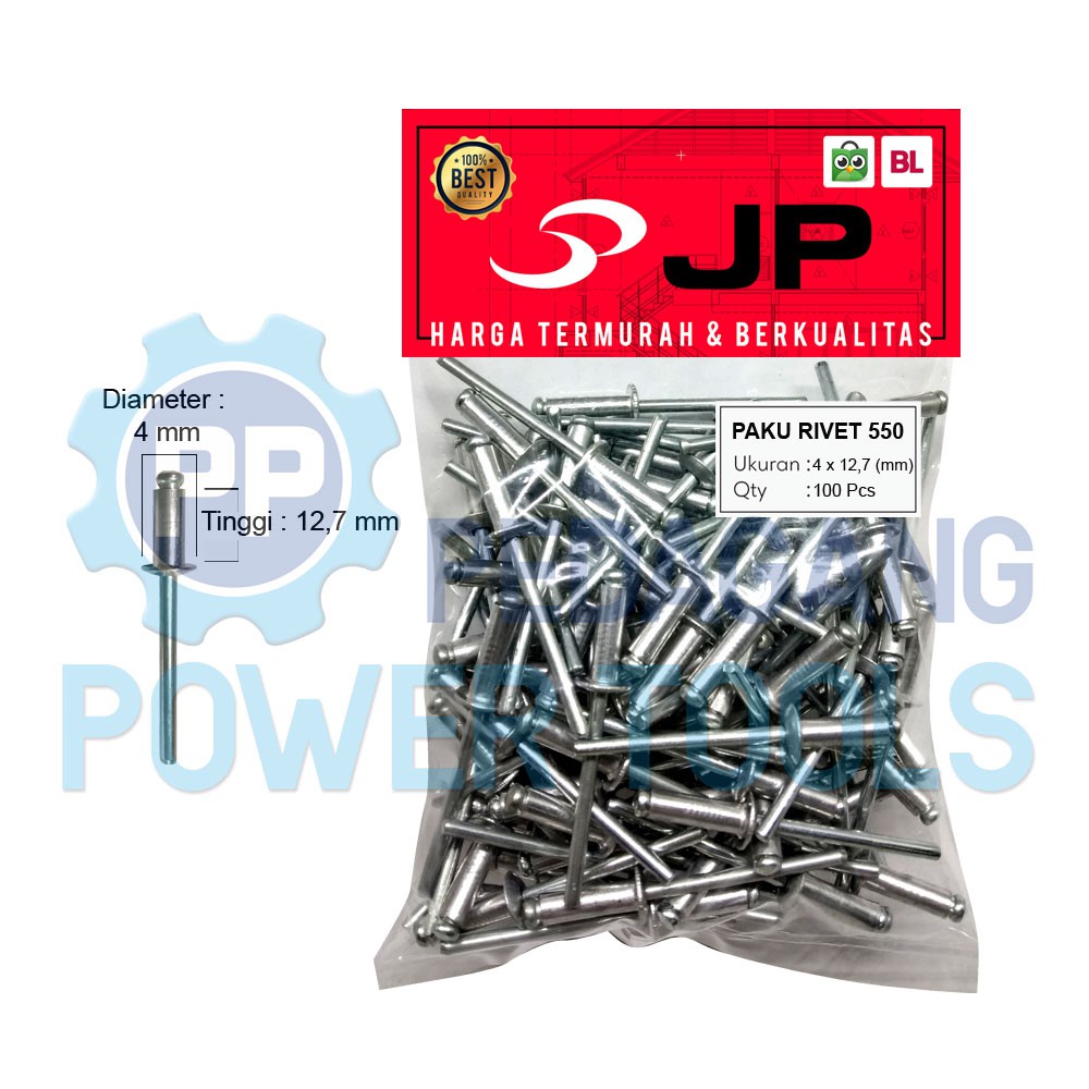 PAKU RIVET 4 X 12.7 MM 550 BLIND RIPET RIFET TEMBAK ALUMINIUM 100 PCS