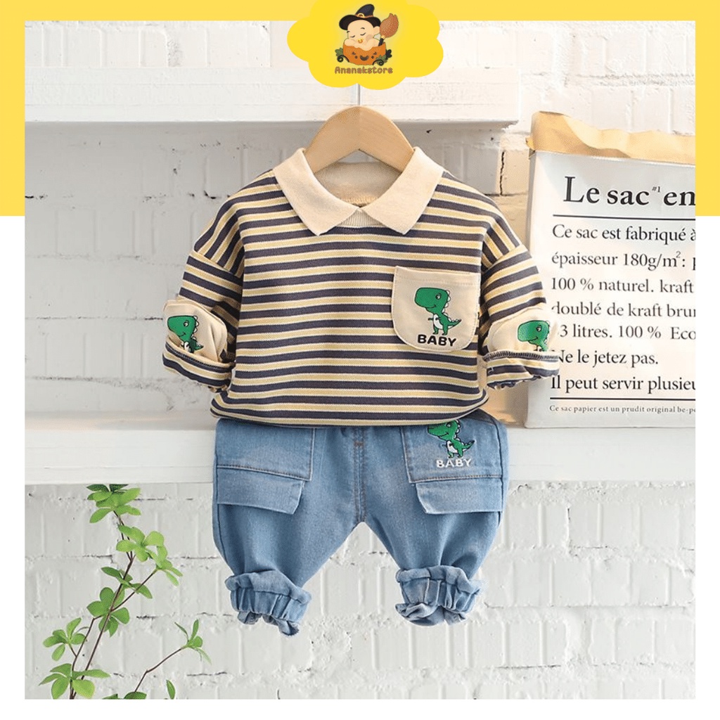 ANANAKSTORE- Baju setelan anak laki laki lengan panjang MOTIF STRIP BABY DINO lucu/ baju premium 0-4 Tahun