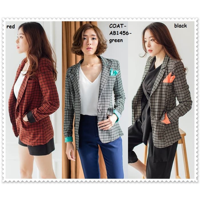 Outer Blazer Coat Jaket Kantor Tartan Kotak Baju Wanita Korea Import BEST.