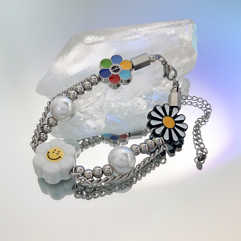 Smiley Daisy Stitching Pearl Bracelet Accessories Trendy Hip Hop