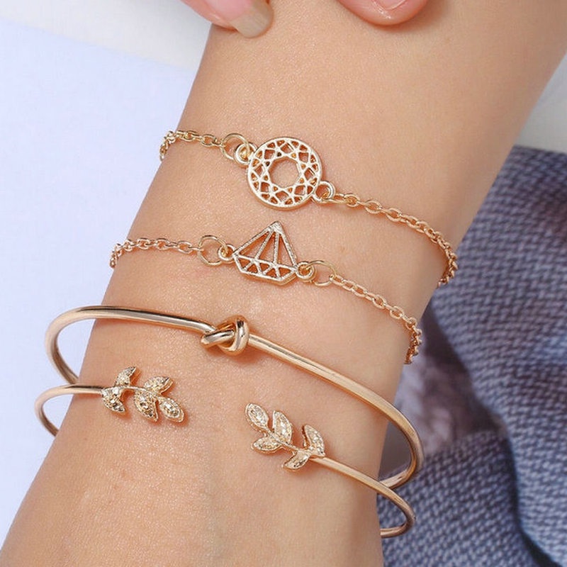 Set Perhiasan Gelang Rantai Cuff Emas Bentuk Daun Simpul Gaya Boho Untuk Wanita