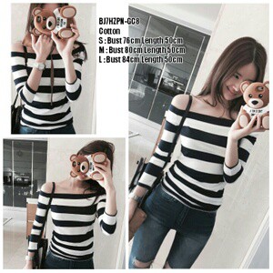 [sabrina strip SO} Blouse Wanita Spandek Hitam