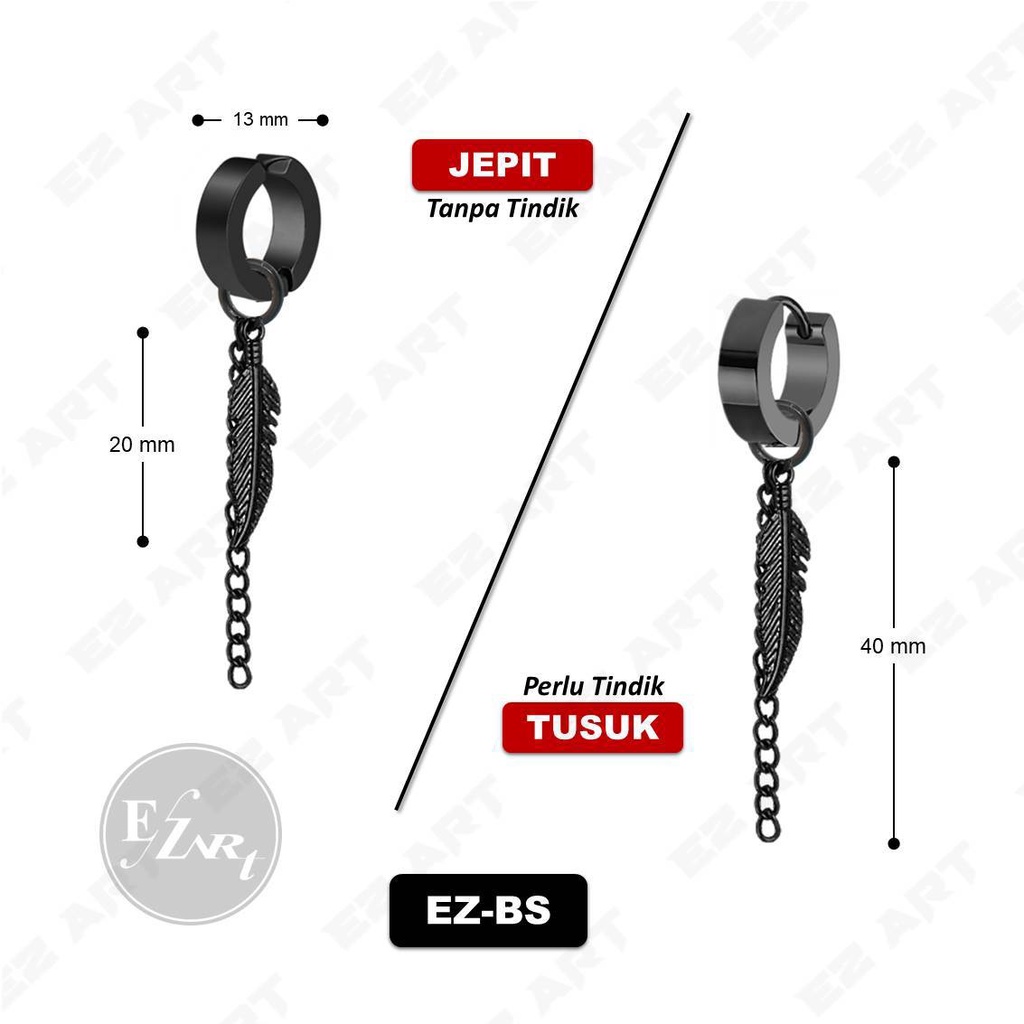 1Pc EZ-BS ANTING FASHION HITAM GANTUNGAN BULU RANTAI BLACK FEATHER JEPIT TUSUK PRIA WANITA KPOP