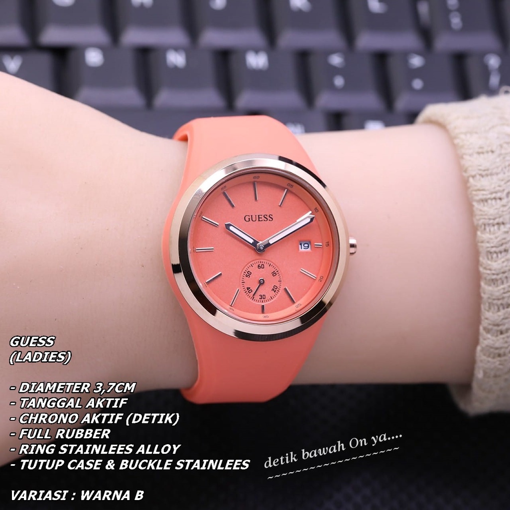 JAM TANGAN WANITA GUESS FULL RUBBER BODY BULAT TANGGAL &amp; CHRONO ON