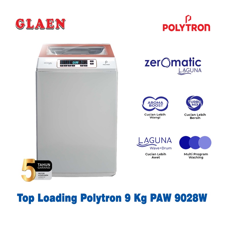 Mesin Cuci 1 Tabung Polytron 9 Kg PAW 9028W | Top Loading Polytron Turbo Mix