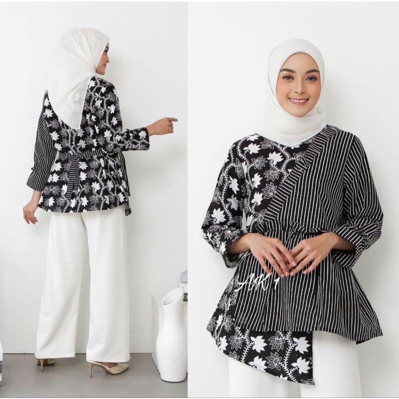 Batik Dolby Dolbi Dobby Doby Tenun Sutra Tulis Katun ATBM Baron ATASAN BATIK WANITA sogan SRG308-B Lurik hitam ak