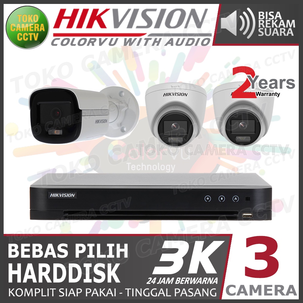 PAKET CCTV HIKVISION 5MP 3K COLORVU AUDIO 4 CHANNEL 3 KAMERA