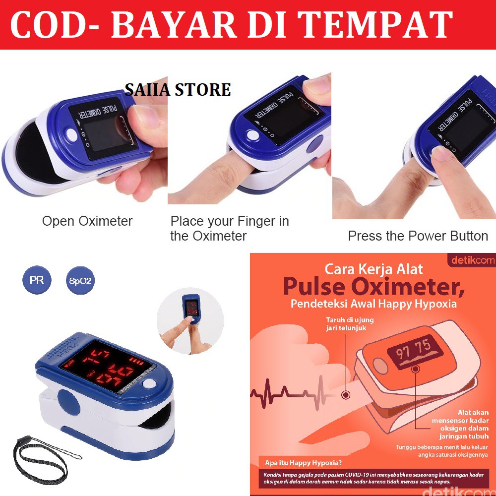 SAIIA Oximeter Pengukur Kadar Oksigen Dalam Darah / Detak Jantung SPO2 dengan Monitor LED